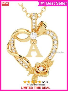 14K Gold Plated Initial Heart Necklace Rose Pendant